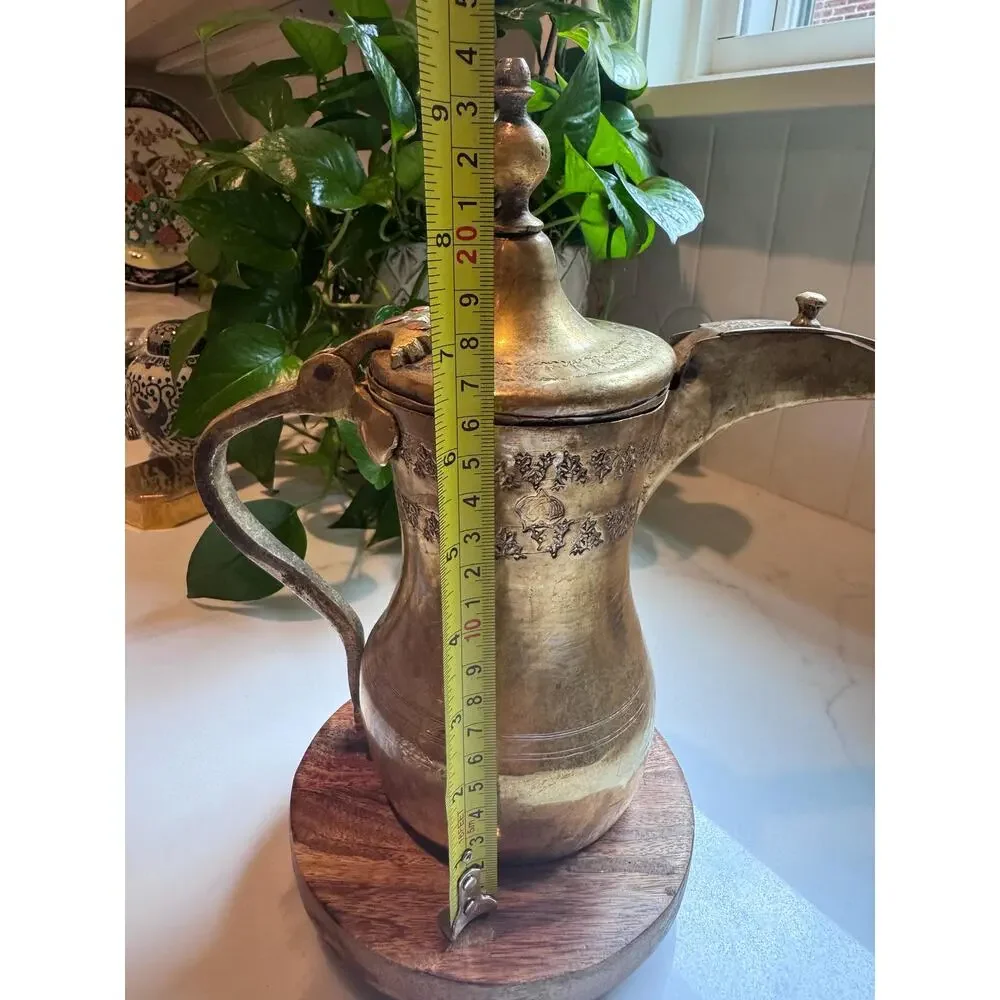 Antique Brass Engraved Dallah Pot • Moroccan Pitcher Copper Accents
